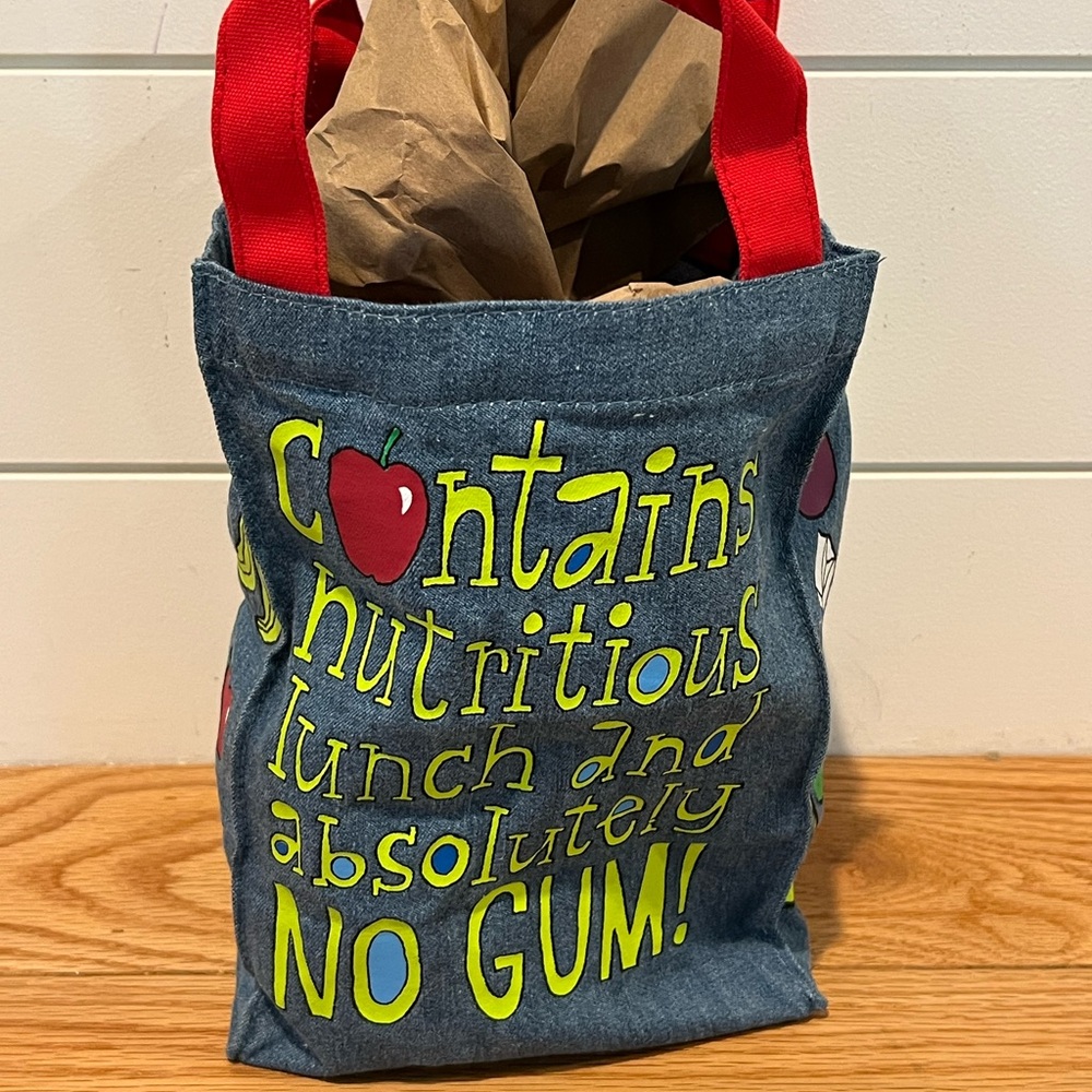 Denim Lunch Tote with Red Handles